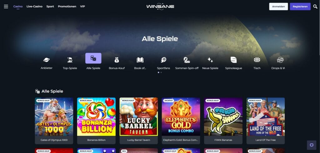 Winsane Casino Hauptseite